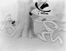 A publicity still photo of the cartoon. Screwy hiding behind a tree, holding a bat, in preparation to bash Meathead on the head. The drawing of the cartoon's original theatrical poster is sourced from this.