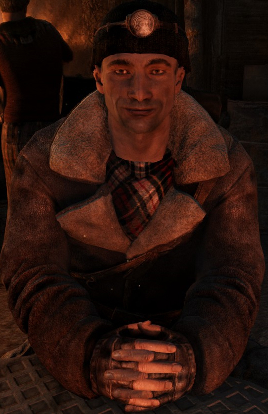 Uncle Bourbon (Metro 2033 redux) smiling slightly and making eye contact with the viewer