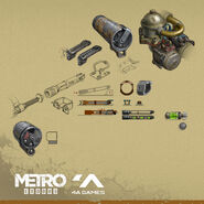 Concept art showing various Tikhar magazines and mechanism parts by Ilya Tolmachev