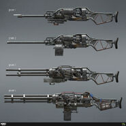 Concept art of the Gatling variants, showing that at least four barrels, four magazines and four motors/mechanisms were planned for this weapon