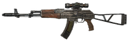 A modified AK-103,This configuration of stock and hand guard alongside the x6scope is not possible in game.