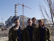 Andriy Prokhorov, Sergei Grigorovich, Aleksei Sytyanov, and Sergei Karmalsky in Chernobyl (29 March, 2002).