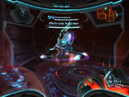 Samus fights the Metroid Hatcher in the Metroid Creche room.