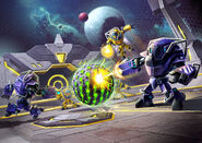 Mech suits being used in a game of Blast Ball.
