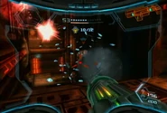 Samus battles a Pirate Trooper in the Tunnel.