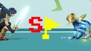 Zero Suit Samus and Marth examining a Special Flag.