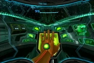 Samus using her Gunship's Hand Scanner, which enables her to plot courses.