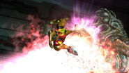 Samus uses her SenseMove to dodge the Queen Metroid's flames.