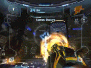 Dark Samus destroys one of the Reactor's tanks with a strike attack.