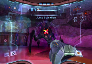 Samus in a Safe Zone. The transparent light barrier is the only obstacle blocking the  from attacking Samus easily.