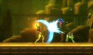 Samus using the Arm Cannon as a melee weapon while performing a Melee Counter in Metroid: Samus Returns