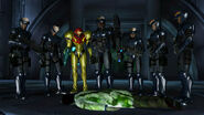 The platoon and Samus examine the Lab Worker's corpse.