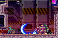 Arachnus firing its claw slash in Metroid Fusion