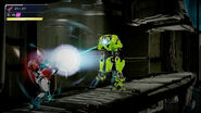 Samus aims the Omega Blaster at E.M.M.I.-03MB.