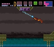 Samus using the Grapple Beam in Super Metroid