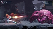Metroid Dread background insects.png (1.21 MB) Two Grubs sit in the background while Samus fires at the Muzby