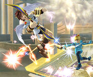 Samus uses her Plasma Whip on Pit.