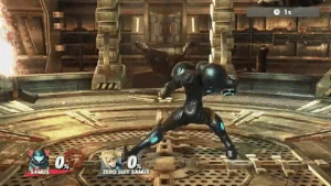Samus using her Spinning Leg Sweep in Super Smash Bros. for Wii U.