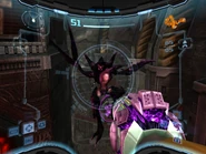 An Ing possessed Dark Pirate Trooper leaping towards Samus.