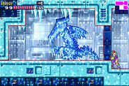 Samus behind the frozen Ridley clone.