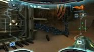 A group of power cables in Security Station B; Metroid Prime 2: Echoes. They are connected to a pair of gates with dark crystals.