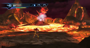 Samus fighting Goyagma at the top of the room.