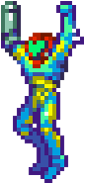 A sprite of Samus hanging from a horizontal ladder with both arms, from Metroid Fusion.