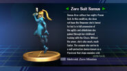 Zero Suit Samus holding the Paralyzer on her Brawl trophy
