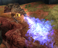 A Dragotix fires its flame jets at Samus.