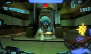 A frozen Metroid in a containment capsule