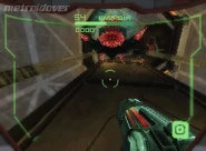 Quadtroid saltando hacia Samus