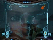 Samus's face, as seen in a reflection.