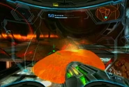 Samus melts one of the metallic deposits on the Landing Pad.