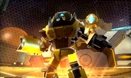 A player enters the Blast Ball arena, standing on their Mech's shoulder.