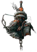 "'Chain Cleat'-old sketch for metroid that i didn't use- I liked the colors on this but it became a little too rpg once i had drawn it out-not appropriate for the world i eventually decided upon." There appears to be a dragon-like head constructed in its side.