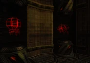 Wire frame holograms of an Infant Tallon Metroid, (left) and a Tallon Metroid (right).