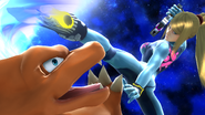 Zero Suit Samus kicks Charizard.