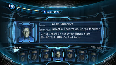 The Characters menu, showing Adam's information.