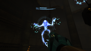 A Chozo Ghost generating a powerful magic blast.