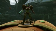 Samus enters her Ship wearing the Varia Suit in Metroid Prime Remastered.