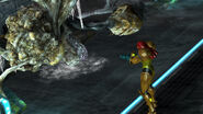 Samus surveys the frozen remains of a Gigafraug, killed by a released Metroid in the Cryosphere.