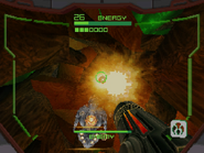 Samus fires the Omega Cannon at Gorea.