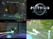 A Three-player match. The unused player's screen is filled with the game's logo during combat.