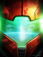 "Samus Aran, from Metroid Prime" "I modeled the helmet in C4D then coloured, textured etc in Photoshop. The face behind the visor is based on an airbrushed photograph." "...the face is based on a photo. Coincidentally I've just completed three new portraits of her for Metroid Other. [sic] These include an illustration of her without the helmet, so this time I've used that image inside the armour as-well, instead of a photo."