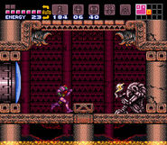 Samus runs towards the Screw Attack in her Gravity Suit, Super Metroid.