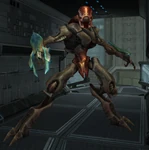 Пиратский Солдат из прототипа Metroid Prime 3: Corruption 2006 года. Заметно, что его оружие раскрашено в ярко-голубой цвет, а его тело имеет коричневый оттенок, а не серый.