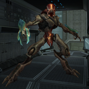 A Pirate Trooper, as seen in the 2006 prototype of Corruption. The coloration of their weaponry is notably a bright blue, and their bodies are tinted brown rather than gray.