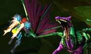Samus using her Thrusters to engage Proteus Ridley