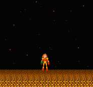 The fair ending, acquired by playing for three to five hours. Worthy of note is that Samus' hair is a lighter brown than other Metroid endings.
