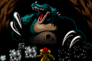 Kraid appears towering in front of a Varia Suit Samus in Zero Mission.